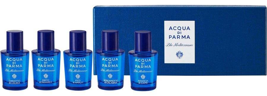 Coffret Blu Mediterraneo Eaux de toilette Noël 2023 : Chinotto di Liguria 5 ml + Mirto di Panarea 5 ml + Fico di Amalfi 5 ml + Bergamotto di Calabria 5 ml + Arancia di Capri 5 ml