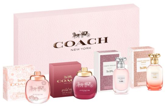 Coffret Coach miniatures Noël 2023 : Eau de parfum Coach Wild Rose + Eau de parfum Coach Floral + Eau de parfum Coach Dreams + Eau de parfum Coach Dreams Sunset 