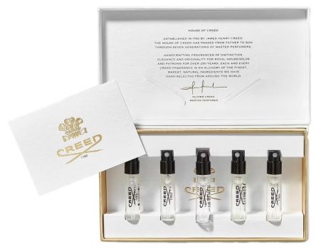 Coffret Echantillons eaux de parfum Creed : Aventus for Her, Royal Princess Oud, Love in White, Love in Black, Acqua Fiorentina.