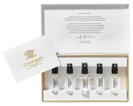 Coffret Echantillons eaux de parfum Creed : Aventus, Silver Montain Water, Green Irish Tweed, Original Vetiver, Millésime Impérial.