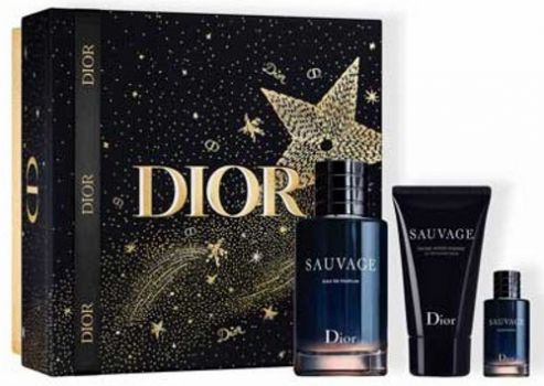 Coffret Sauvage : Eau de Parfum 100 ml + Baume Après-Rasage 50 ml + Vaporisateur 10 ml