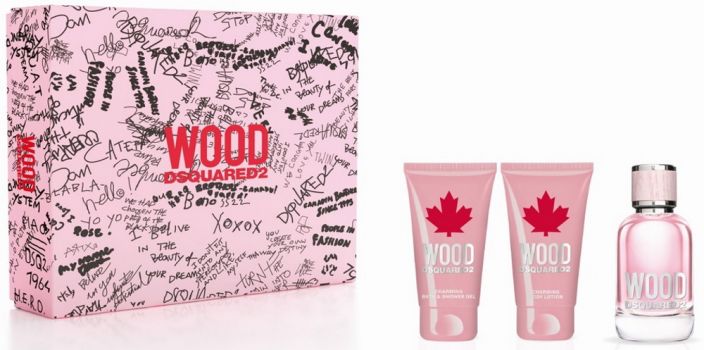 Coffret Dsquared2 Wood Pour Femme : Eau de toilette 50 ml + Gel Douche + Lait Corps