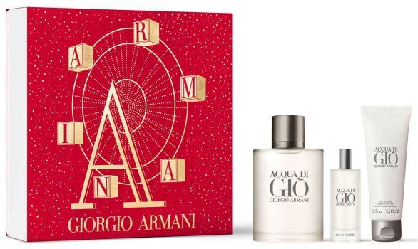 Coffret Acqua Di Giò Noël 2022 : Eau de toilette 100 ml + Format voyage 15 ml + Gel douche 75 ml
