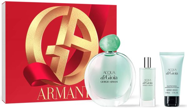 Coffret Acqua Di Gioia Noël 2023 : Eau de parfum 100 ml + Eau de parfum 15 ml + Lait corps 50 ml