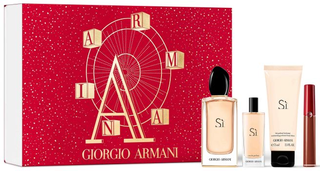 Coffret Sì Noël 2022 : Eau de parfum 100 ml + Format voyage 15 ml + Lait corps 75 ml + Rouge à lèvres