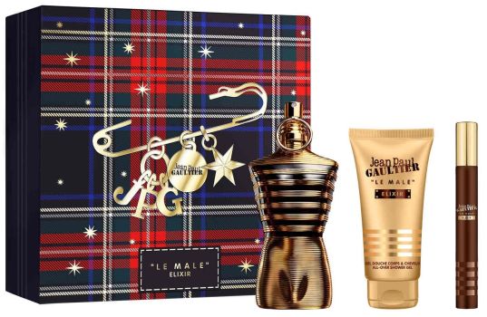 Coffret Le Mâle Elixir Noël 2025 : Eau de parfum 75 ml + Format voyage 10 ml + Gel corps 75 ml