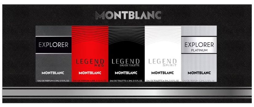 Coffret Miniatures Montblanc Noël 2023 : Eau de parfum Explorer + Eau de parfum Legend Red + Eau de toilette Legend + Eau de toilette Legend Spirit + Eau de parfum Explorer Platinium