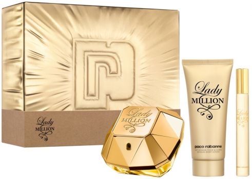 Coffret Noël 2021 Lady Million : Eau de parfum 80 ml + Lait Corps + Vaporisateur Format Voyage 