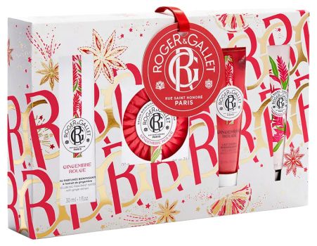 Coffret Gingembre Rouge Noël 2023 : Eau fraîche 30 ml + Savon 100 g + Crème mains 30 ml + Lait corps 50 ml