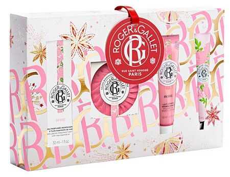 Coffret Rose Noël 2023 : Eau fraîche 30 ml + Savon 100 g + Lait corps 50 ml + Crème mains 30 ml