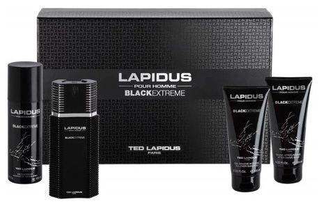 Coffret Lapidus Pour Homme Black Extrême : Eau de toilette 100 ml + Gel douche 100 ml + Baume après-rasage 100 ml + Déodorant 150 ml 
