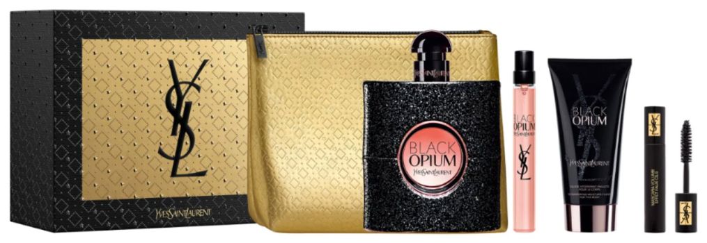 Coffret Black Opium Noël 2022 : Eau de parfum 90 ml + Format voyage 10 ml + Lait corps 50 ml + Mascara + Trousse